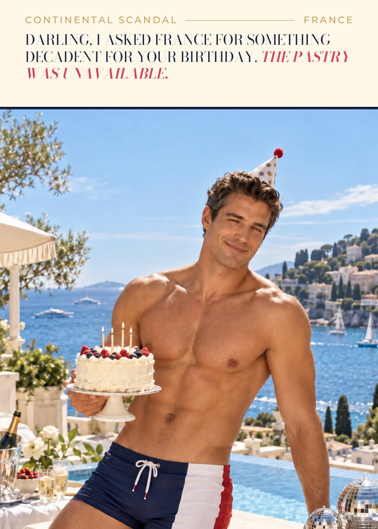 France birthday card: Darling, I asked France for something decadent for your birthday. The pastry was unavailable.