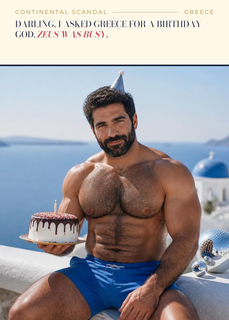 Greece birthday card: Darling, I asked Greece for a birthday god. Zeus was busy.